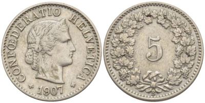 ШВЕЙЦАРИЯ 5 РАППЕНОВ 1907 В KM 26 медно-никель 4532-915