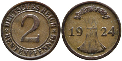 ГЕРМАНИЯ 2 РЕНТЕНПФЕННИГА 1924 D, ВЕЙМАРСКАЯ РЕСПУБЛИКА (1919-1933) KM 31, Jager 307, Weege 3 бронза 4546-757