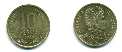 ЧИЛИ 10 ПЕСО 2010 ГЕНЕРАЛ БЕРНАРДО О ХИГГИНС KM 228.2 никель-бронза 37-857
