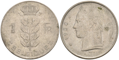 Бельгия 1 франк 1950 BELGIQUE, первый год KM 142.1 медно-никель 4592-517