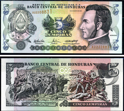 Гондурас 5 лемпира 2004 Франсиско Морасан, сцена битвы за Тринидад Pick 85d бумага UNC (пресс) 6283-24-2-2