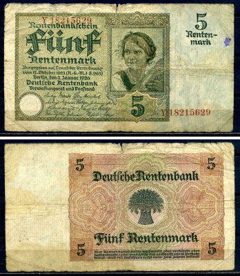 Германия 5 рейхсмарок 1926 8 цифр в серии Pick 169 (2) бумага 8621-50-3-2