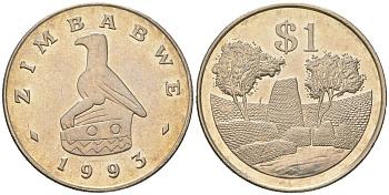 Зимбабве 1 доллар 1993 руины большого Зимбабве KM 6 медно-никель UNC 106-811