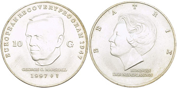 Нидерланды 10 гульденов 1997 Беатрикс (1980-2013), Джордж Маршалл KM 224 серебро UNC 4517-1121
