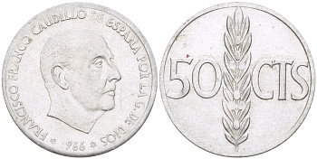 ИСПАНИЯ 50 СЕНТИМО 1966 (71) ФРАНСИСКО ФРАНКО ДИКТАТОР ИСПАНИИ ( 1939- 1975) KM 795 алюминий 4181-1064