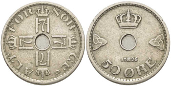 Норвегия 50 эре 1926 Хокон VII (1905-1957) KM 386 медно-никель 113-231