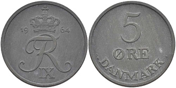 ДАНИЯ 5 ЭРЕ 1964 C; S, ФРЕДЕРИК IX (1947-1972) KM 843.2 цинк 38-423