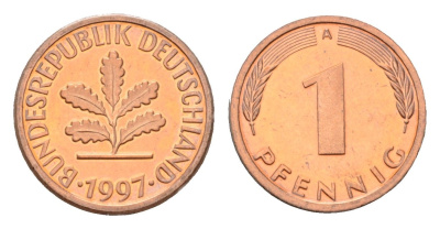 Германия 1 пфенниг 1997 A, в запайке KM 105, J.380 сталь плакированная медью PROOF 4116-1022