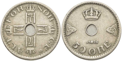 Норвегия 50 эре 1926 Хокон VII (1905-1957) KM 386 медно-никель 113-231