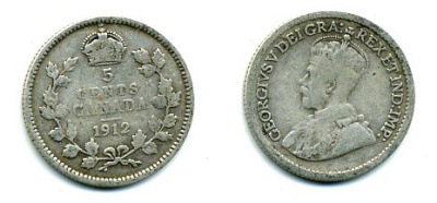 КАНАДА 5 ЦЕНТОВ 1912 ГЕОРГ V серебро 46-451