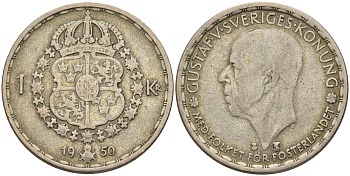 Швеция 1 крона 1950 TS, Густав VI Адольф (1950-1973) KM 814 серебро 4148-1122