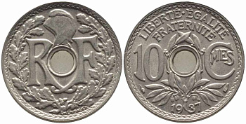 ФРАНЦИЯ 10 САНТИМОВ 1937 ТИП ЛИНДАЙЁ KM 866а, LE FRANC 138.24 медно-никель 108-233