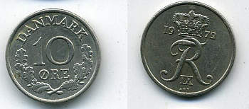 ДАНИЯ 10 ЭРЕ 1972 S; S, ФРЕДЕРИК IX (1947-1972) KM 849.2 медно-никель UNC 54-1137