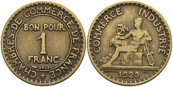 Франция 1 франк 1923 KM 876, Le Franc 218.5 алюминиевая бронза 4142-727
