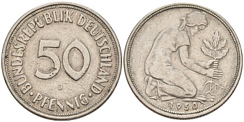 ФРГ 50 пфеннигов 1950 J KM 109, J. 384 медно-никель 4176-651