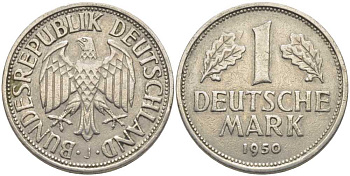 ФРГ 1 марка 1950 J, KM 110, J. 385 медно-никель 113-541