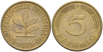 ФРГ 5 ПФЕННИГОВ 1975 D KM 107, J. 382 сталь плакированная латунью 4181-946