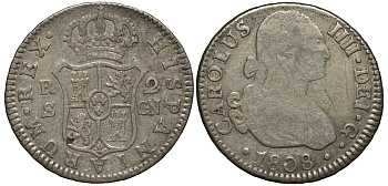 Испания 2 реала 1808 S CN, мондвор (Севилья), Карлос IIII (1788-1808) KM 430.2 ( C69.2) серебро 650-831