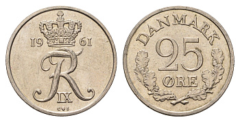 Дания 25 эре 1961 C. S, Фредерик IX (1947-1972) KM 850 медно-никель 3336-635