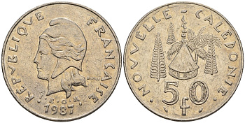 Французская Новая Каледония 50 франков 1987 хижина среди сосен и пальм, (IEOM) KM 13, Schoen 15, Lec 121 никель 4120-242