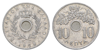 Греция 10 лепт 1959 Павел I (1947-1964), виноградная лоза KM 78 алюминий 220-564