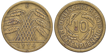 Германия 10 рентенпфеннигов 1924 E KM 33, J. 309 алюминиевая бронза 4604-643