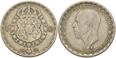 Швеция 1 крона 1950 TS, Густав VI Адольф (1950-1973) KM 814 серебро 4148-1122