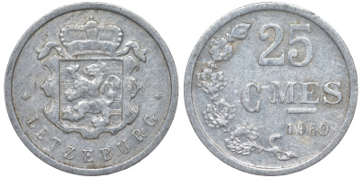 Люксембург 25 сантимов 1960 KM 45a.1 алюминий 4528-244