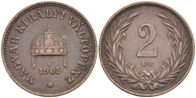 Венгрия 2 филлера 1905 КВ, Франц Иосиф I (1848-1916) KM 481 бронза 54-917