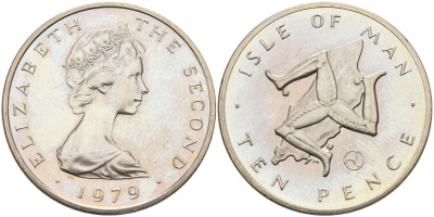 Остров Мэн 10 пенсов 1979 АА, герб, Елизавета II (1952) KM 36.1 медно-никель BUNC 4583-231