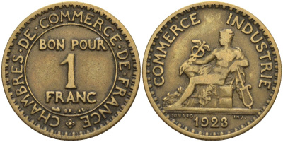 Франция 1 франк 1923 KM 876, Le Franc 218.5 алюминиевая бронза 4142-727