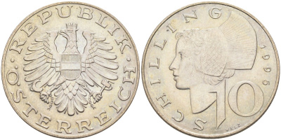 Австрия 10 шиллингов 1995 KM 2918 никель плакированный медно-никелем aUNC 4116-1021