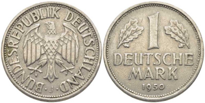 ФРГ 1 марка 1950 J, KM 110, J. 385 медно-никель 113-541
