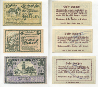 АВСТРИЯ НАБОР ИЗ 3 БАНКНОТ 1920 ДО 31 ДЕКАБРЯ 1920, НОТГЕЛЬД, 10, 20, 50 ГЕЛЛЕРОВ, ORT im INNKREIS бумага aUNC 6278-67-2