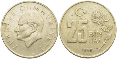 Турция 25000 лир 1996 Мустафа Кемаль Ататюрк KM 1041 медь никель цинк 3856-617
