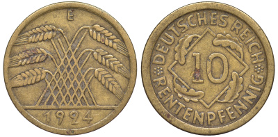 Германия 10 рентенпфеннигов 1924 E KM 33, J. 309 алюминиевая бронза 4604-643