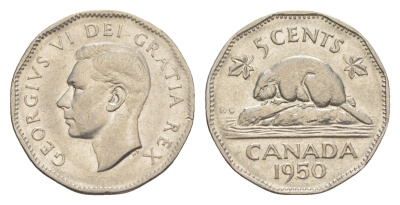 Канада 5 центов 1950 Георг VI (1936-1952), бобр KM 42 никель 4630-655