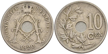 БЕЛЬГИЯ 10 САНТИМОВ 1920 BELGIE KM 86 медно-никель 4546-135
