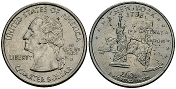 США 25 центов = квотер 2001 D, серия штаты США, Нью-Йорк KM 318 медь плакированный медно-никелем 4138-1012