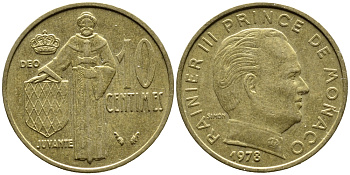 Монако 10 сантимов 1978 Ренье III (1949-2005) KM 142 алюминиевая бронза 3334-1151