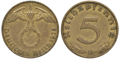 Германия 5 рейхспфеннигов 1938 E KM 91, J. 363 алюминиевая бронза 4602-1257