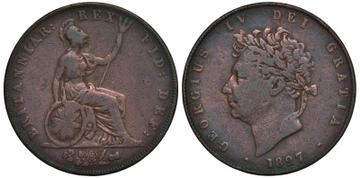 Великобритания 1/2 пенни 1827 Георг IV (1820-1830) KM 692, Spink 3824 медь 603-1334