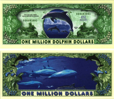 США 1000000 ДОЛЛАРОВ 2002 СУВЕНИРНАЯ БАНКНОТА, ДЕЛЬФИНЫ, SONAR 2002 бумага UNC (ПРЕСС) 7198-42-1-2