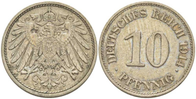 ГЕРМАНИЯ 10 ПФЕННИГОВ 1914 E KM 12, J. 13, Weege 8 медно-никель 212-243