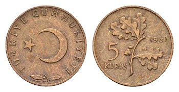 Турция 5 курушей 1967 KM 890.1 бронза 4674-918