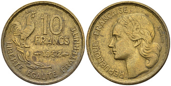 Франция 10 франков 1952 Петух KM 915.1, Le Franc 363.2 алюминиевая бронза 4142-1246