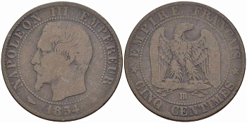 Франция 5 сантимов 1854 BB, Наполеон III (1852-1870) KM 777.3, LE FRANC 116.10 бронза 108-313
