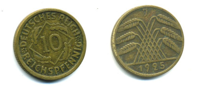 ГЕРМАНИЯ 10 РЕЙХСПФЕННИГОВ 1925 J KM 40, J.317 алюминиевая бронза 46-1427