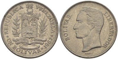Венесуэла 1 боливар 1967 Симон Боливар KM 42 никель 31-525