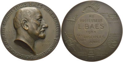 Бельгия медаль 1954 Louis Baes инженер профессор Свободного университета (1906-1954), член Академии изящных искусств Брюсселя (1913-1954), медальер Marnix d' Haveloose, диаметр 70 мм,  бронза 3-5-2-23